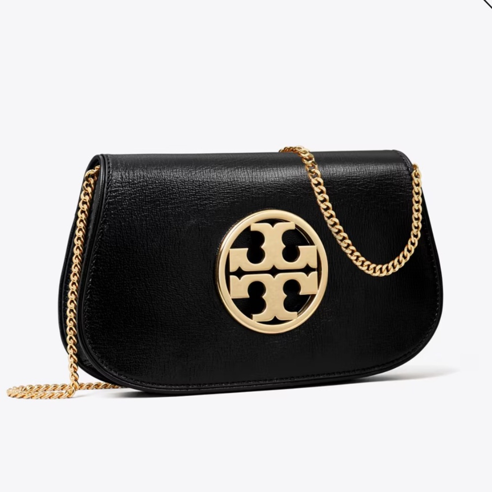Tory Burch Black Leather Chain Crossbody with Gold Logo REVA CLUTCH